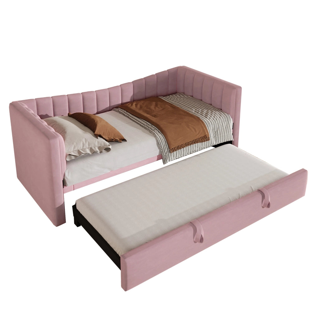 Letto daybed imbottito 90x200 cm con letto estraibile, in velluto rosa