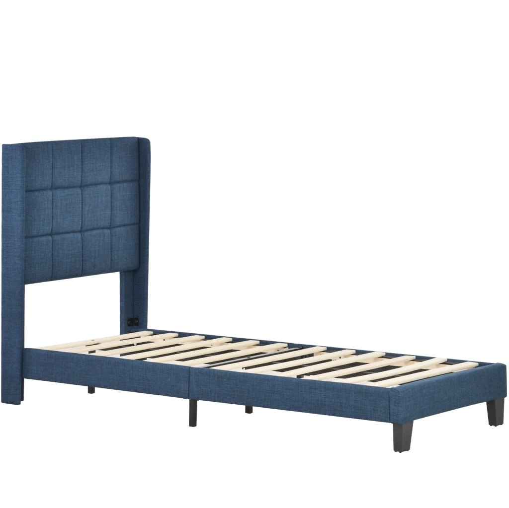 Letto imbottito 90x200 cm con materasso a molle insacchettate e rete in lino blu