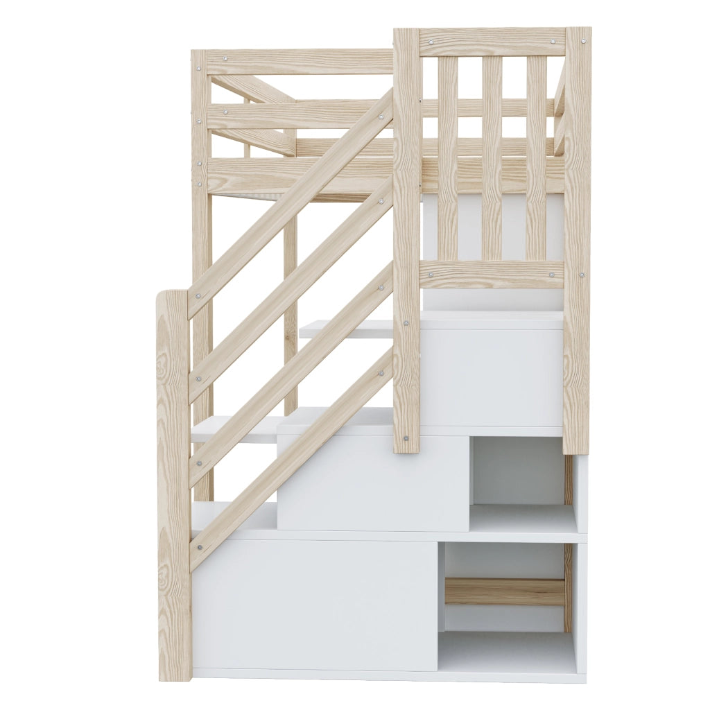 Letto a soppalco 90 x 200 cm con armadio; ripiani e scala contenitore; legno e bianco