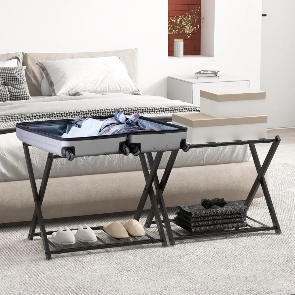 Portavaligie Pieghevole, Porta Valigie Poggia Bagaglio a 2 Ripiani, Cavalletto da Valigie, per Hotel e Viaggio, in Metallo, 68 x 43 x 56 cm (Nero 2)