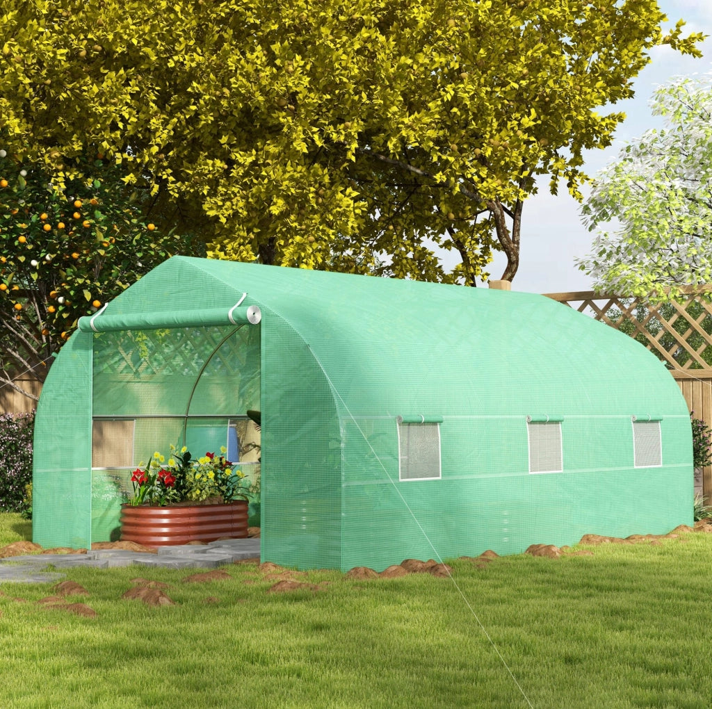 Serra in pellicola 350x300x200 cm con tetto a capanna, struttura in acciaio zincato, copertura in plastica verde resistente UV