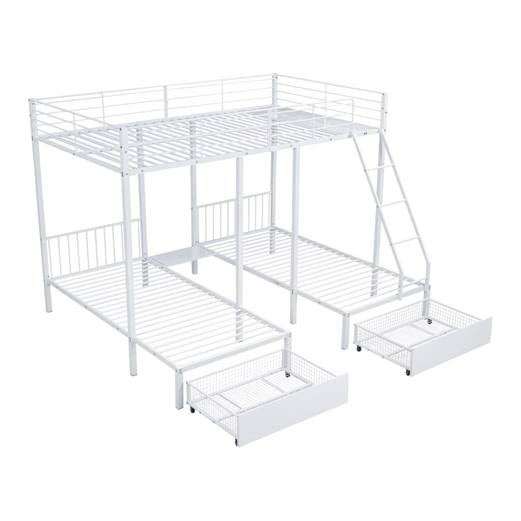 Letto a Castello 140x200 cm; Letto 3 Posti con Cassetti; Divisibile; in Metallo; Bianco