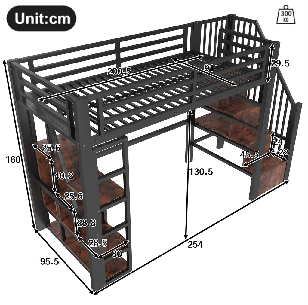 Letto a soppalco 90x200 cm con LED, scaffali e scala in metallo e MDF nero