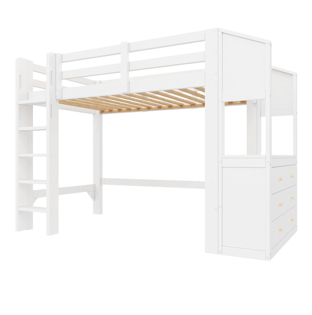 Letto a soppalco 90x200 cm bianco con LED, 3 cassetti e ripiani