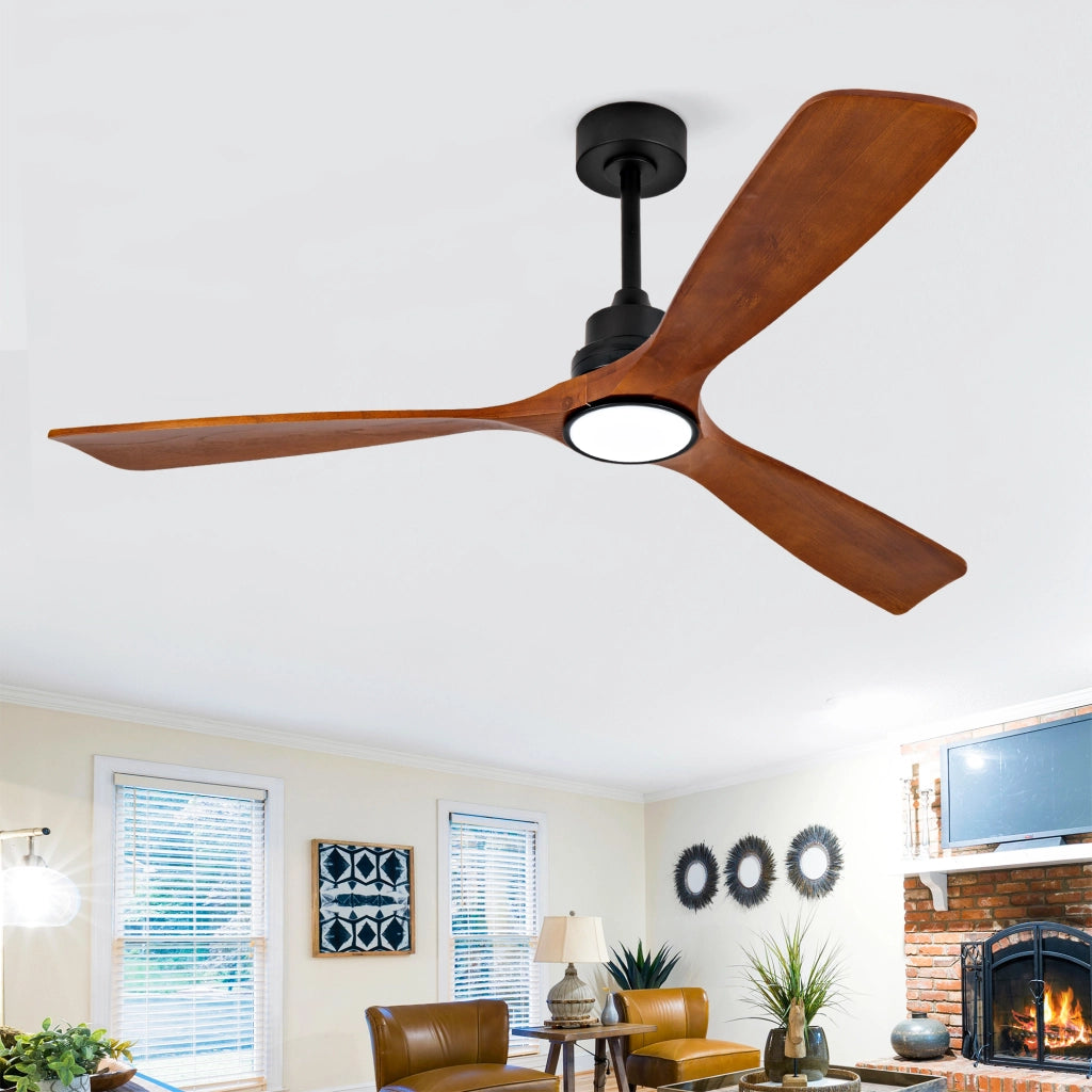 Ventilatore da soffitto con luce LED e telecomando; metallo e legno noce e nero
