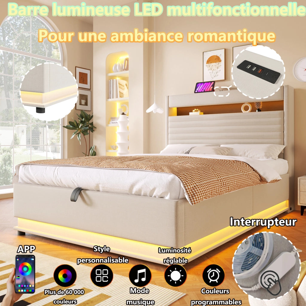 Letto contenitore 140 × 200 cm con LED USB e USB Type-C testiera imbottita in lino beige
