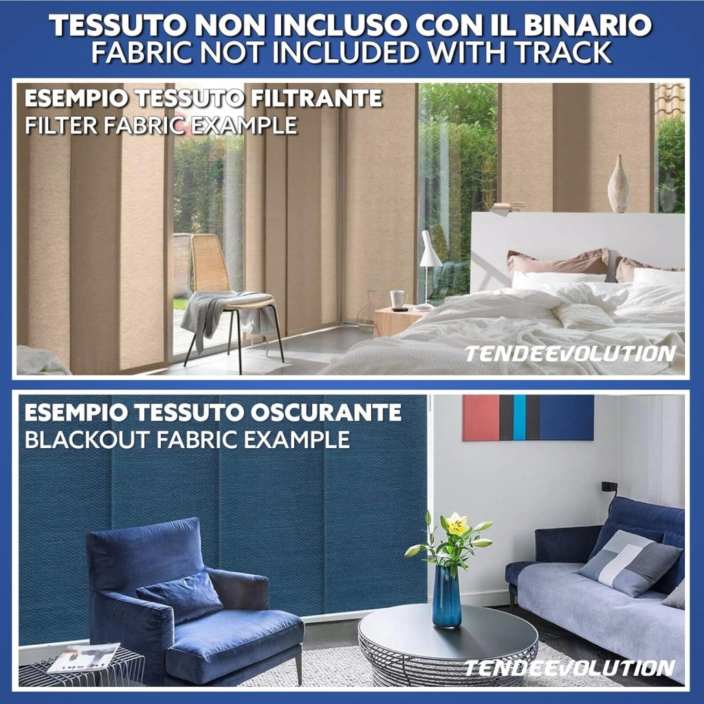 Bastone per Tende A Pannello Comando a Corda Apertura a destra, Binario a 4 vie con portapannelli da 55 CM, Attacco Parete Lunghezza 200 CM