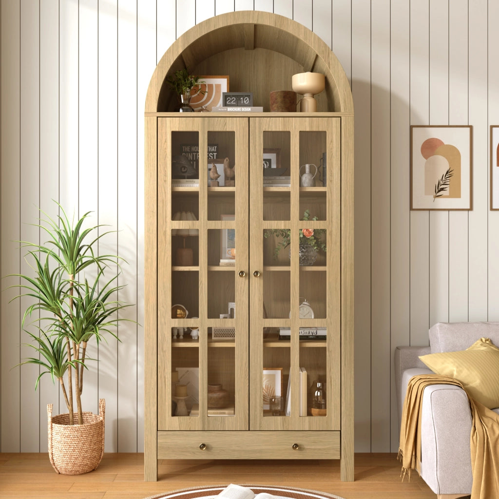 Vetrina ad arco con ante in acrilico trasparente e cassetto in MDF naturale per soggiorno 75 × 35 × 170.5 cm