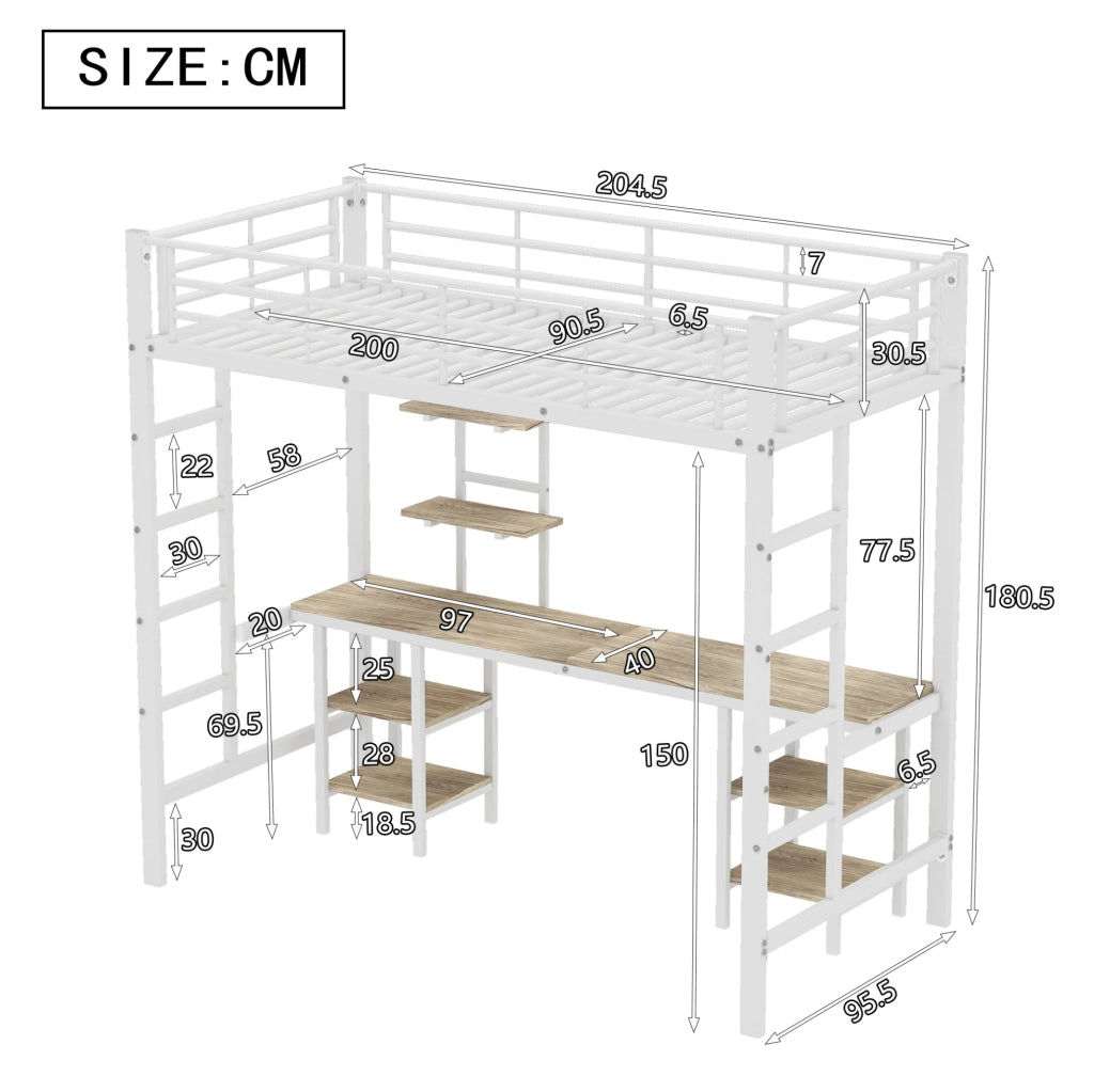 Letto a castello in ferro bianco con scrivania e scaffali, 90x200 cm per bambini e adolescenti