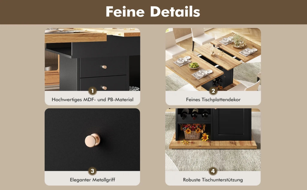 Tavolo da pranzo telescopico allungabile 110-140x80 cm, pieghevole per 4-6 persone, salvaspazio per cucina e soggiorno, con ripiano snack e portabottiglie