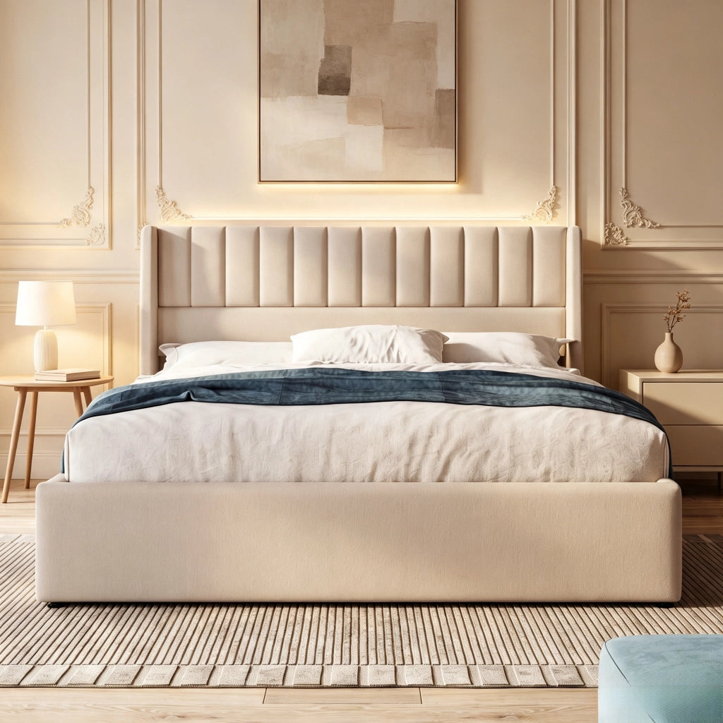 Letto matrimoniale contenitore 160x200 cm con testiera imbottita rete a doghe sollevabile e rivestimento a righe verticali in lino beige
