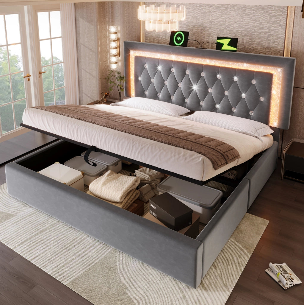 Letto contenitore 160 × 200 cm con LED; USB e USB-C; testiera regolabile; velluto grigio