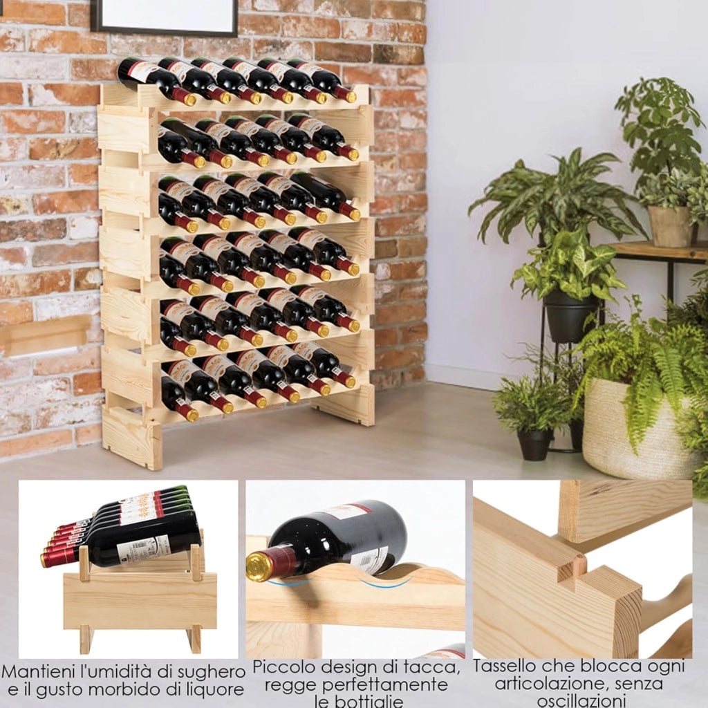 Scaffale per Bottiglie di Vino, Catinetta Portabottiglie a 6 Ripiani, per 36 Bottiglie, Legno di Pino Silvestre