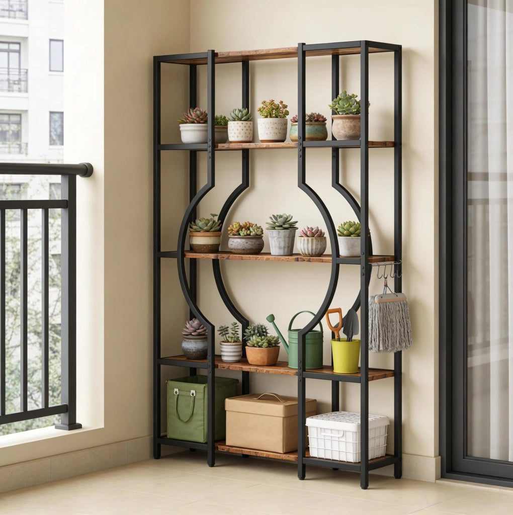 Libreria ULEVR a 5 ripiani in MDF effetto legno e metallo, nero e marrone rustico