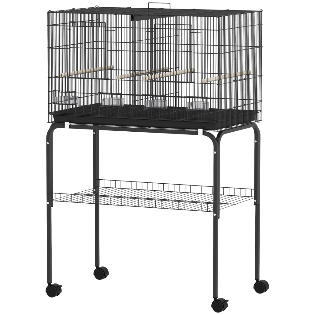 Gabbia per Uccelli con Divisorio Mangiatoie Vassoio Estraibile e Supporto ¨C Xylo ¨C 76x46x46/116 cm Nero