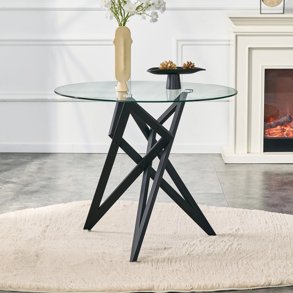 Tavolino da salotto rotondo moderno con piano in vetro temperato e base geometrica in metallo per soggiorno, nero