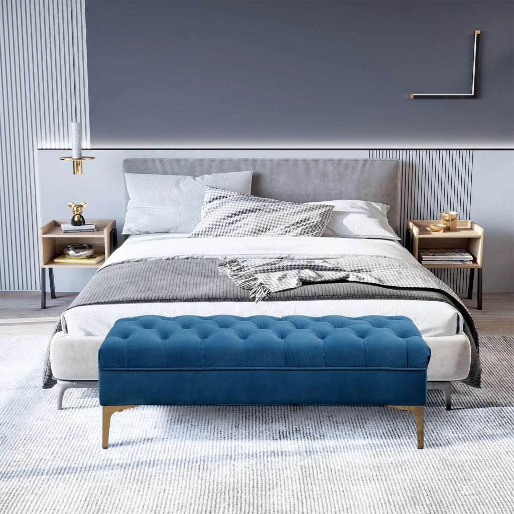 Panca imbottita con piedini ¨C Xylo ¨C velluto blu camera da letto