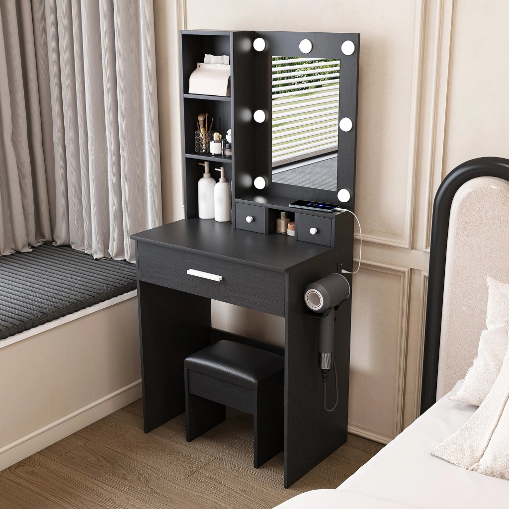 Set da toeletta con sgabello imbottito, specchio a LED, presa di corrente e cassetto, nero