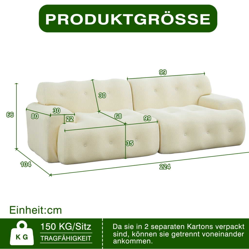 Divano Cloud a due posti beige con braccioli larghi e design moderno, 224x104x66 cm