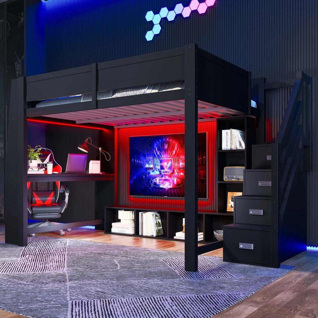Letto a soppalco 140x200 in legno con scrivania e LED; nero