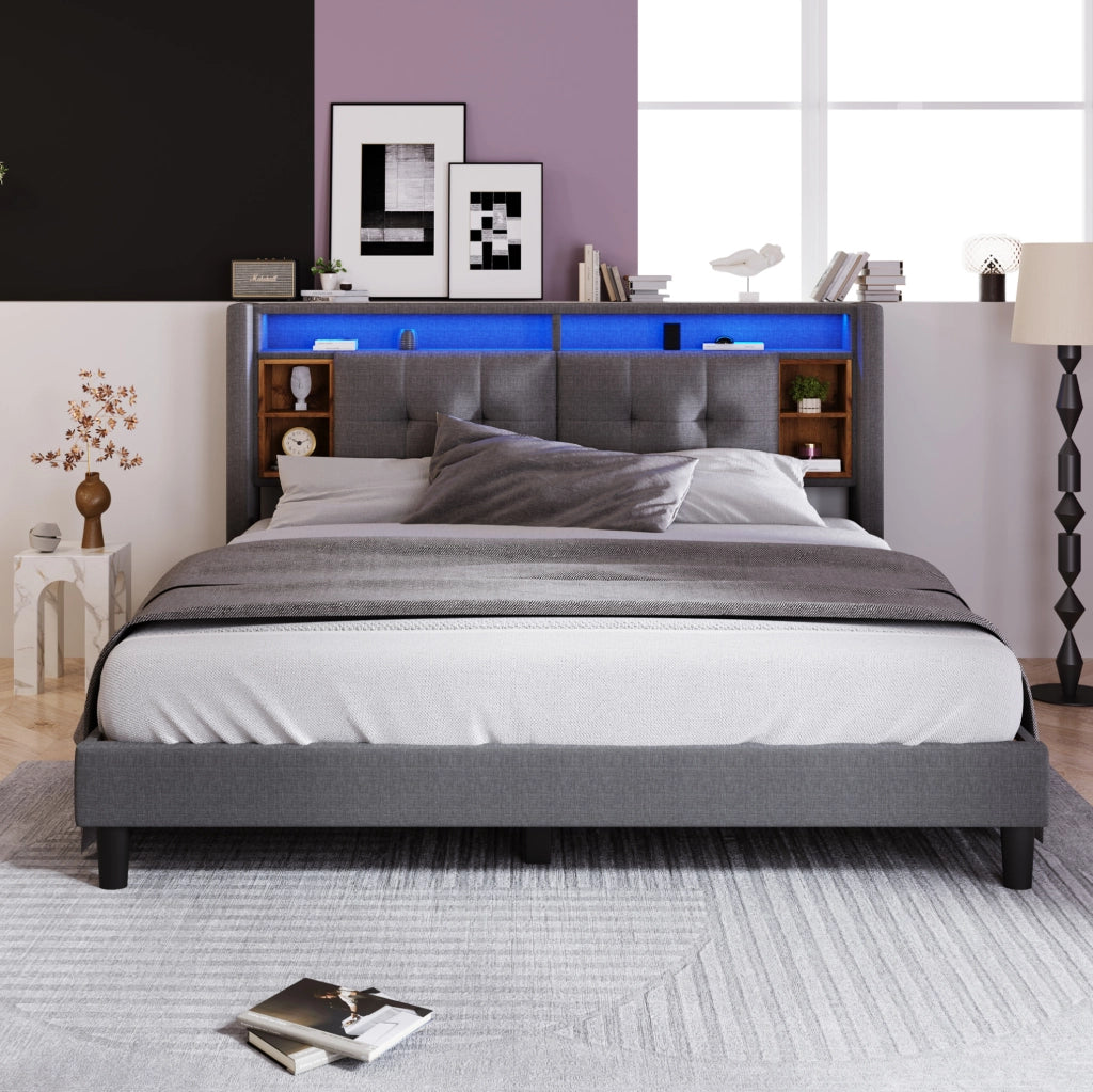 Letto matrimoniale 160x200 cm grigio con testiera contenitore, LED, USB e prese