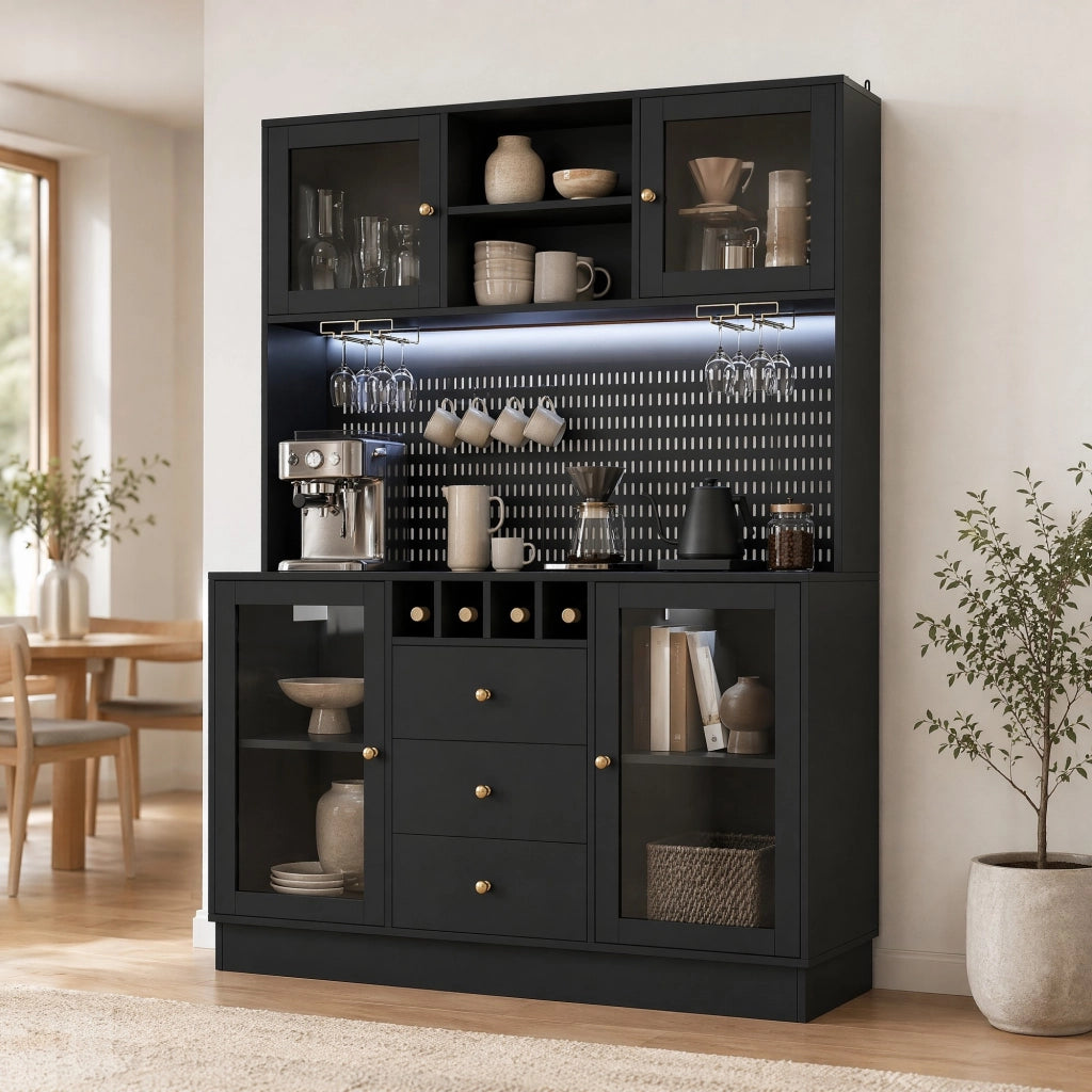 Colonna cucina con LED smart, portabottiglie e vetro, nera