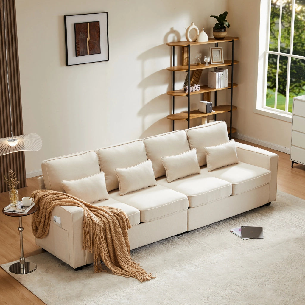 Divano 4 Posti in Tessuto con Braccioli e Cuscini ¨C MINIMAL ¨C Beige/Grigio/Verde