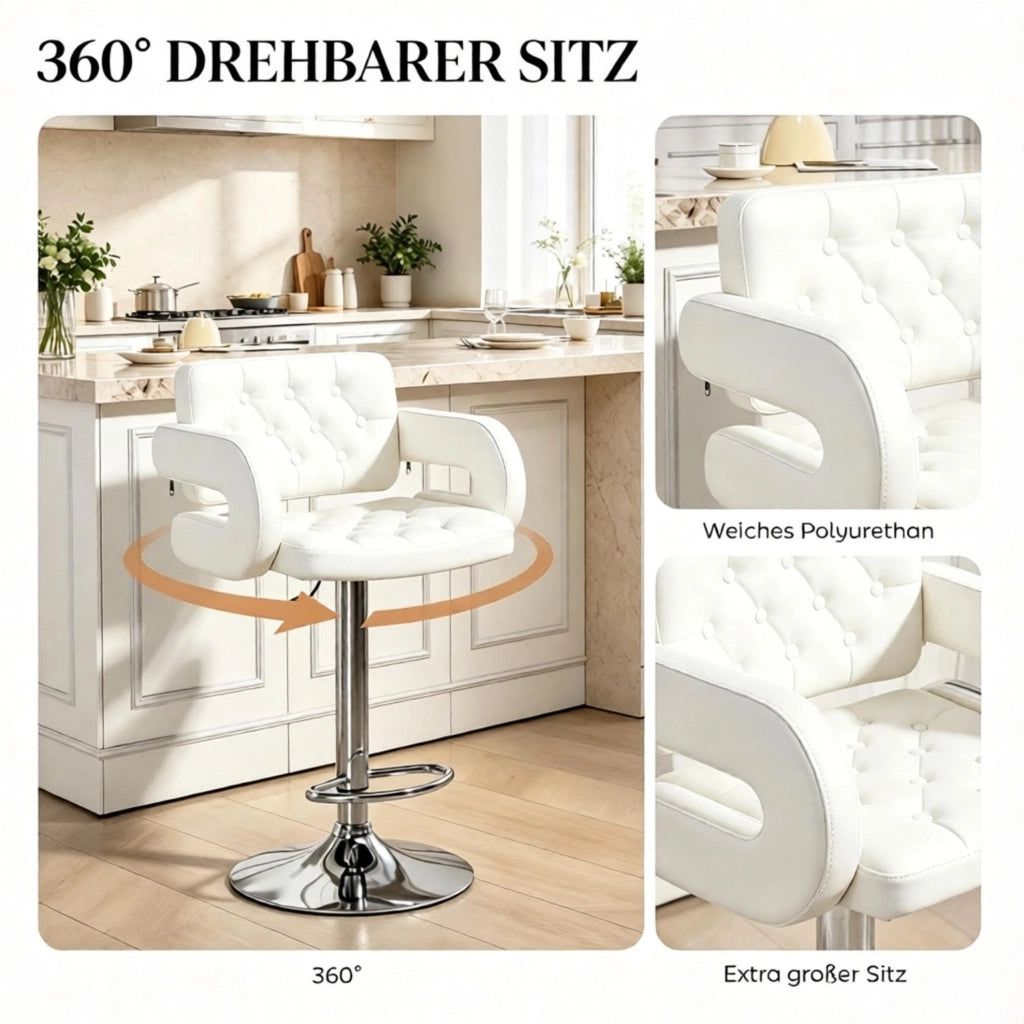 Sgabello da Bar Regolabile in Altezza con Braccioli e Schienale, Bianco, 61x50x93-113 cm