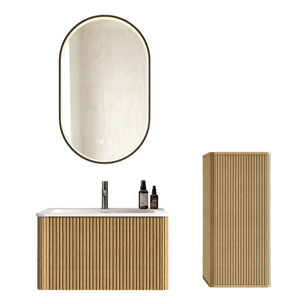 Set mobile bagno sospeso con lavabo, colonna laterale e specchio LED