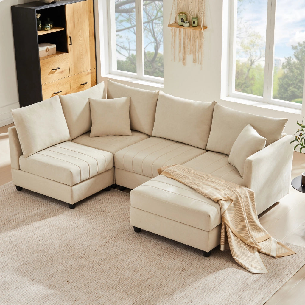 Divano modulare angolare 5 posti con pouf mobile, tessuto cotone e lino beige, design a L/U