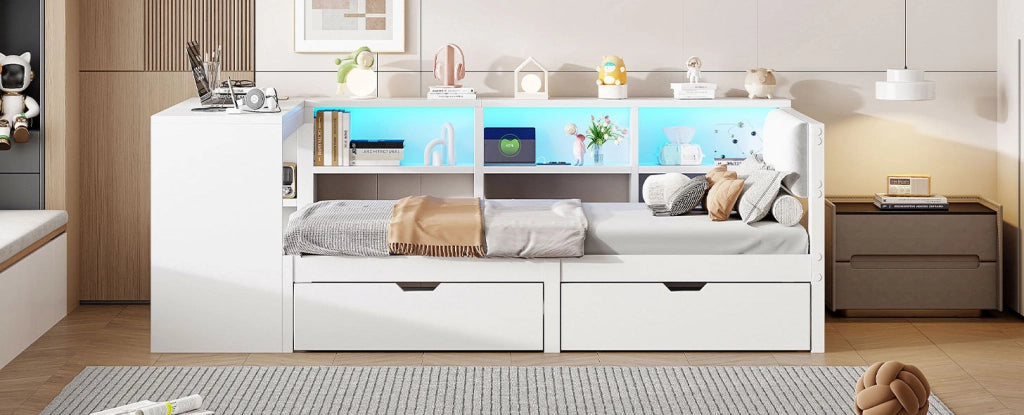 Letto a piattaforma in legno 90x200 cm con cassetti, spazio portaoggetti, stazione di ricarica e testiera imbottita, bianco con luci LED colorate