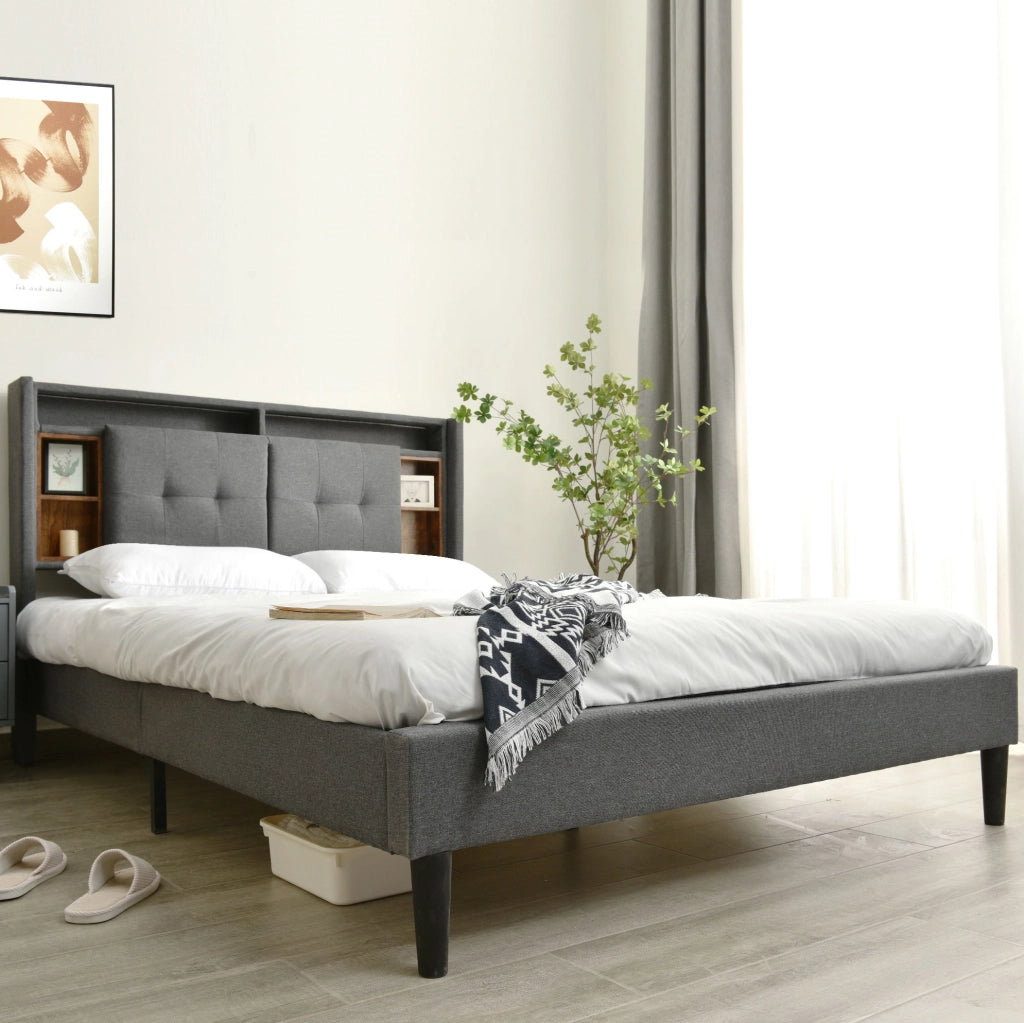 Letto matrimoniale 160x200 cm grigio con testiera contenitore, LED, USB e prese