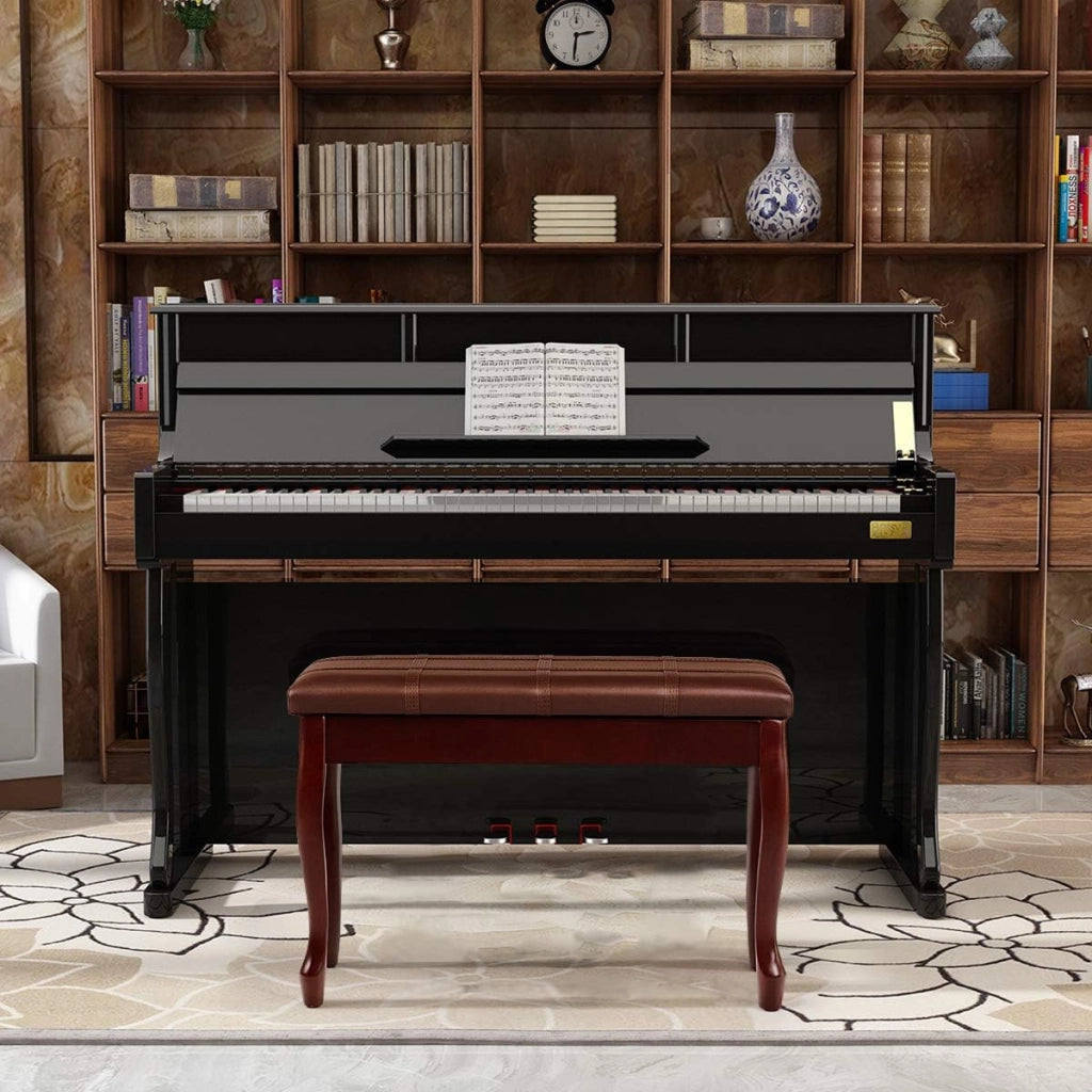 Panca per Piano Sgabello Panca Pianoforte, Cuscino Imbottito, con Scomparto di Immagazzinaggio, Costruzione in Legno Massiccio Rigido (Marrone)