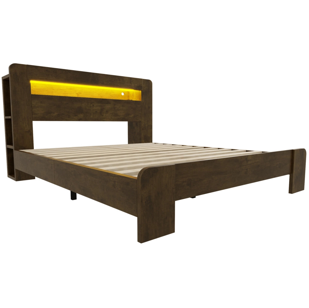 Letto 140x200 cm con testiera contenitore, LED e prese in legno, compensato e MDF