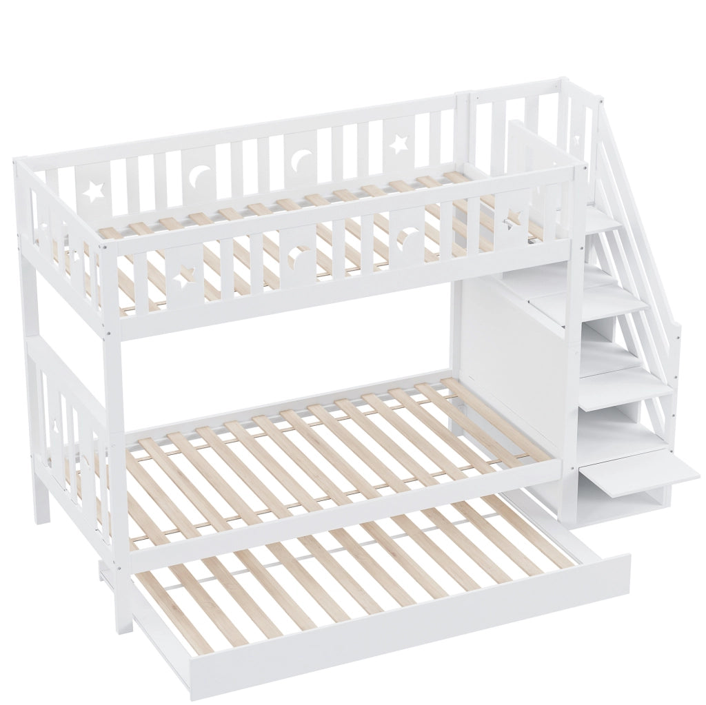 Letto a castello per bambini con letto estraibile e scala contenitore; 90x200 cm; bianco