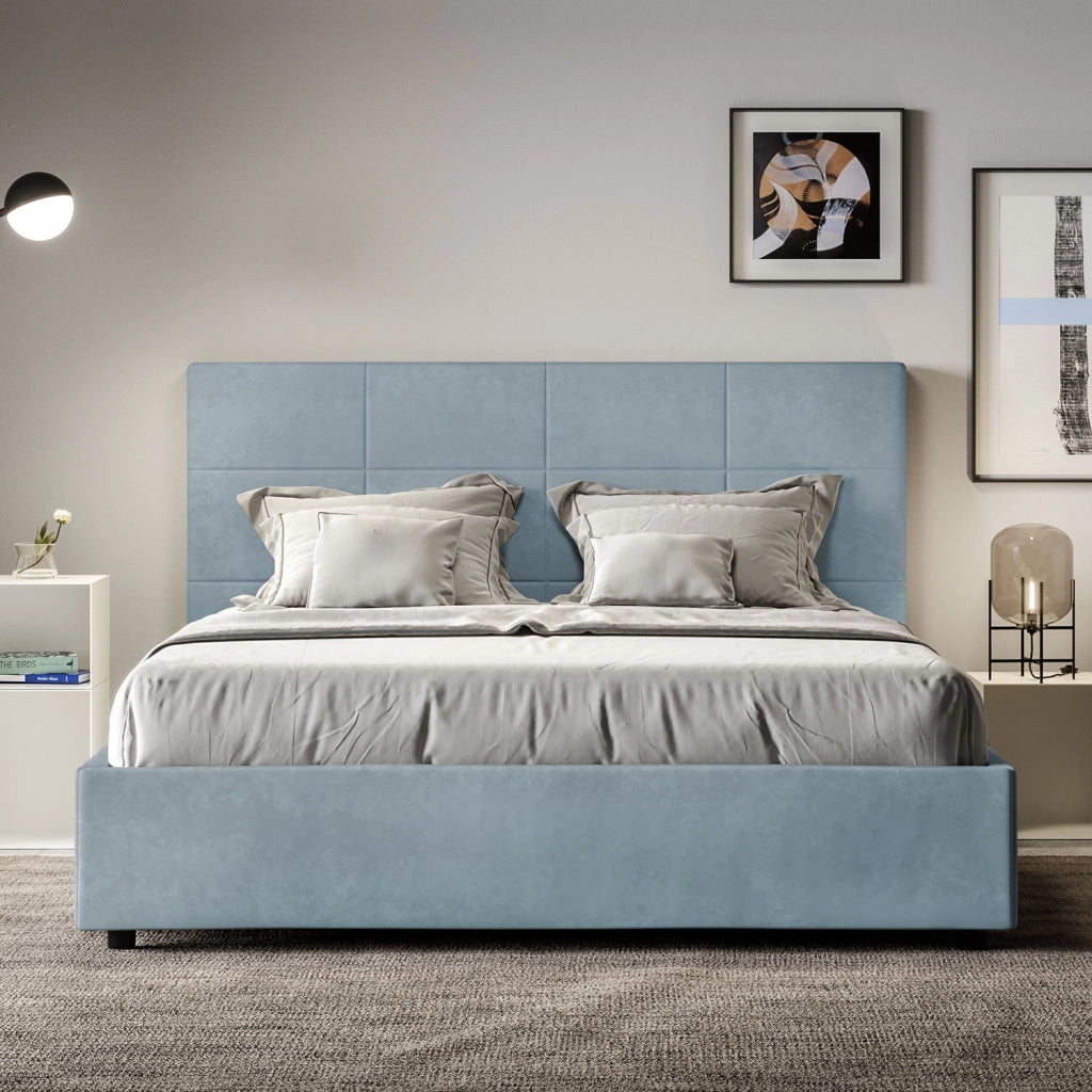BS COM Letto queen size con rete imbottito 150x210 microfibra azzurro