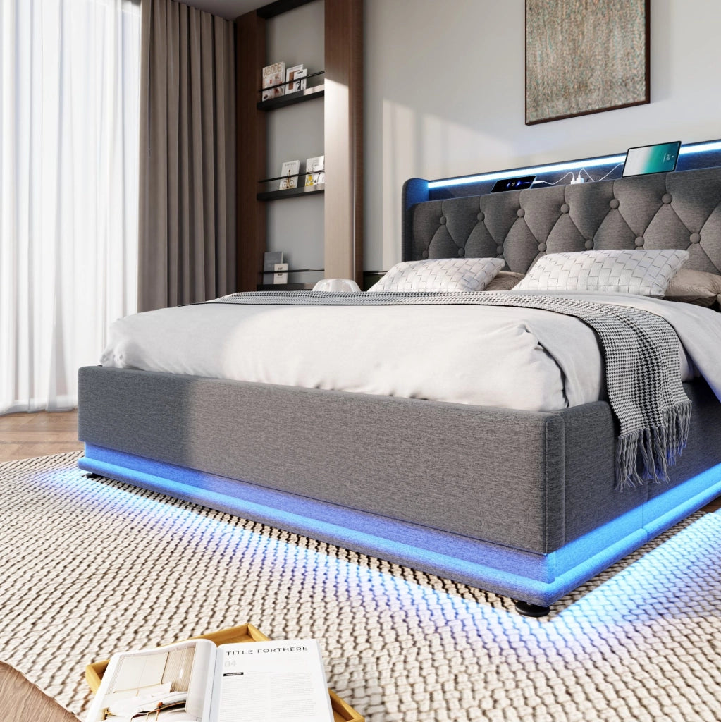 Letto contenitore 160×200 cm grigio con LED e USB