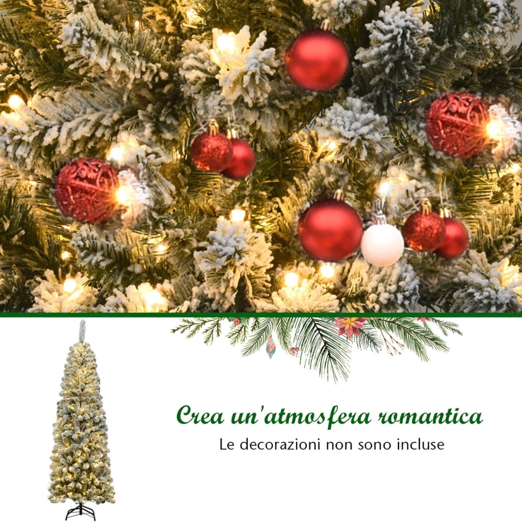Albero di Natale Slim 135/180/225 cm, Albero di Natale Innevato con 150/250/350 Luci LED, 242/500/641 Rami e Base di Metallo, Decorazione Natalizia per Casa e Negozio (180 CM)
