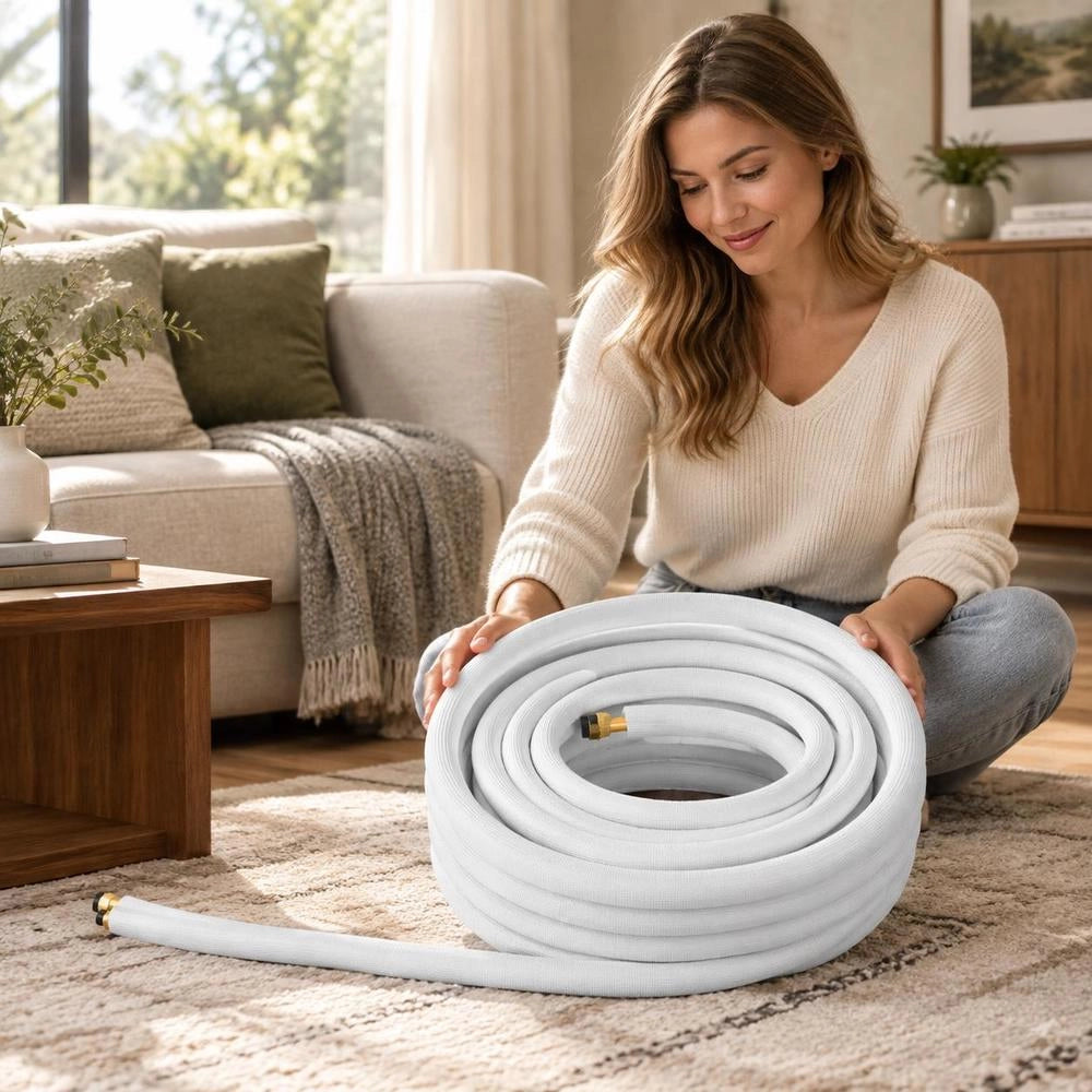50ft Mini Split Line Set, 1/4 & 3/8 OD AC Copper Tubing Pipe, 3/8 White PE Thickened Insulated Coil With Flared Nuts, Strapping Tapes, For Mini Split Air Conditioner HVAC Or Heat Pump System