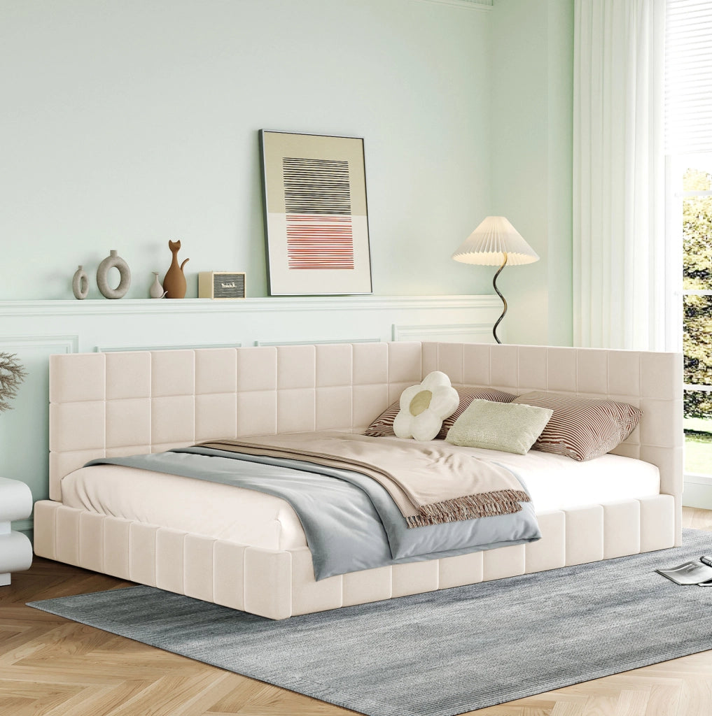 Letto divano imbottito 140x200 cm con rete a doghe in velluto beige