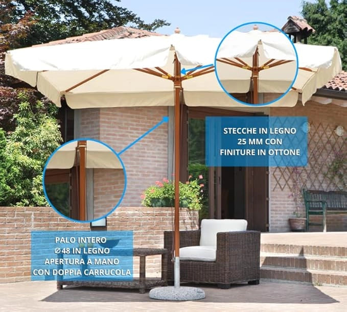 Ombrellone rettangolare da giardino 3x4 mt con palo unico in legno centrale e telo color ecrù 230gr Tomaino 4004