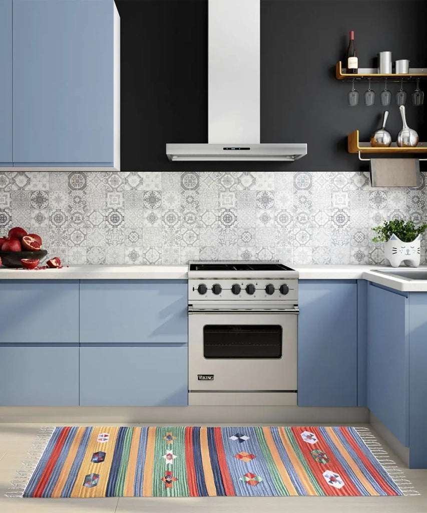 Tappeto KELIM 05 disegni etnici orientali colori vivaci cm.140x200 tessuto e frangia 100% cotone, lavabile in lavatrice