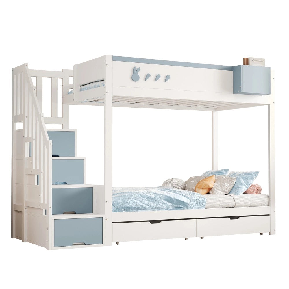 Letto a Castello Bambini con Cassetti e Doghe ¨C MINIMAL ¨C Bianco e Blu 90x200