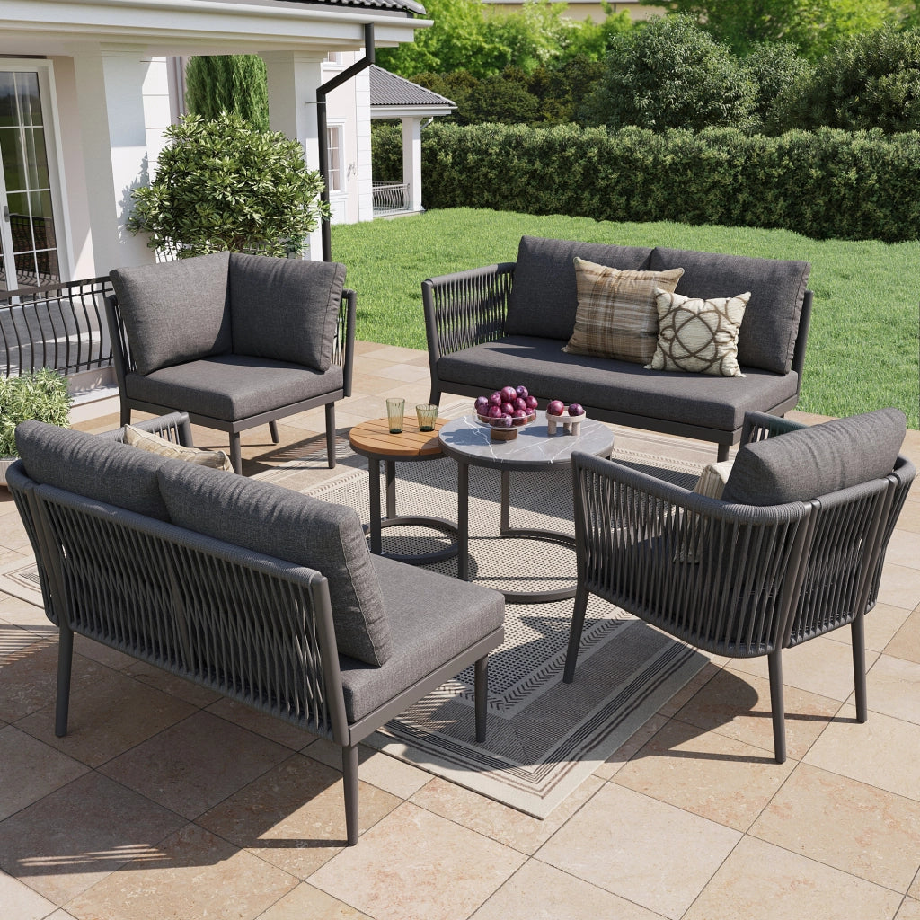 Set lounge da esterno modulare 6 pezzi con 2 tavolini; metallo e olefina; grigio