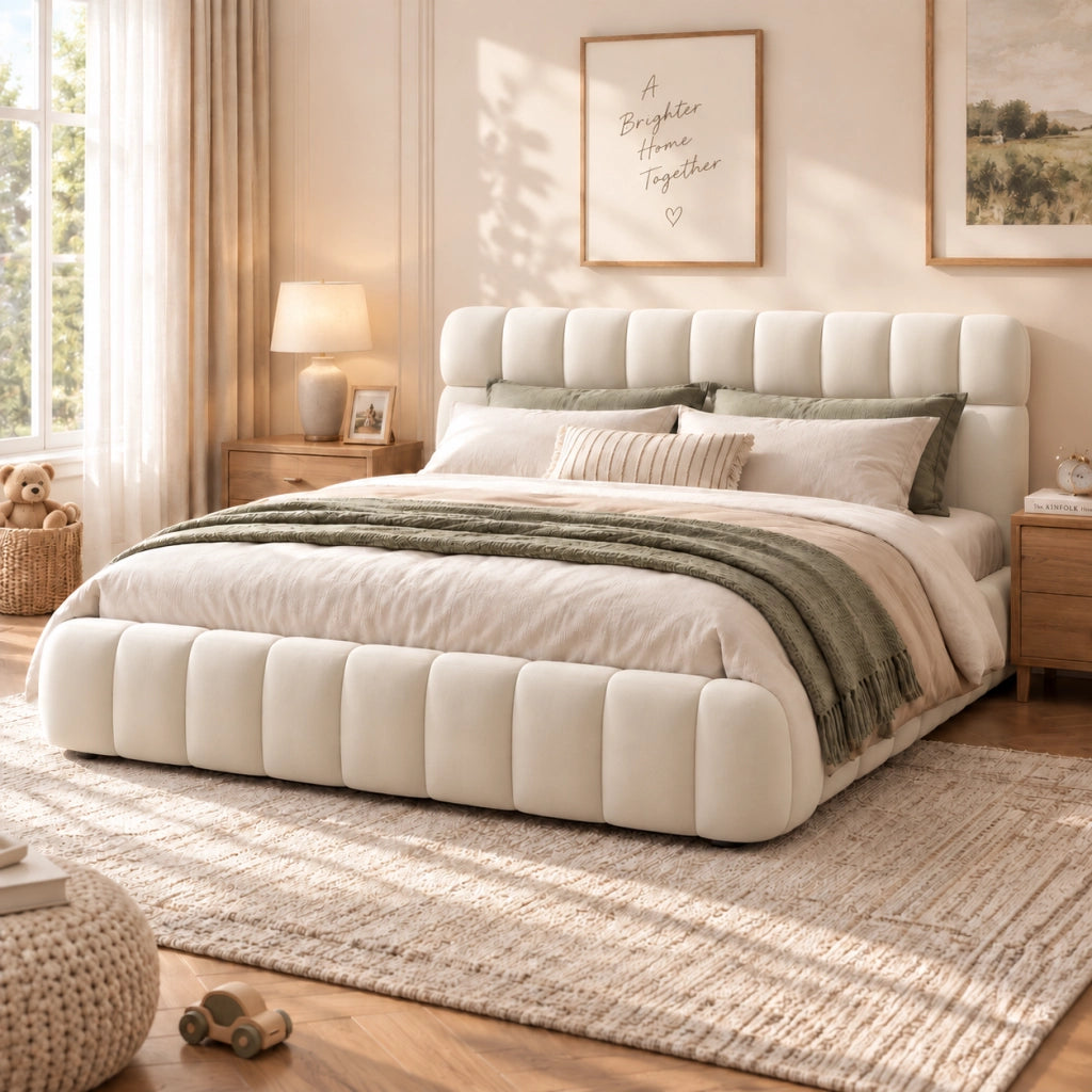 Letto Matrimoniale Imbottito 160 x 200 cm, Letto Imbottito, Rete a Doghe e Testiera Imbottita, Stile Bubble Velvet, Letto a Basso Profilo, Senza Materasso, Beige