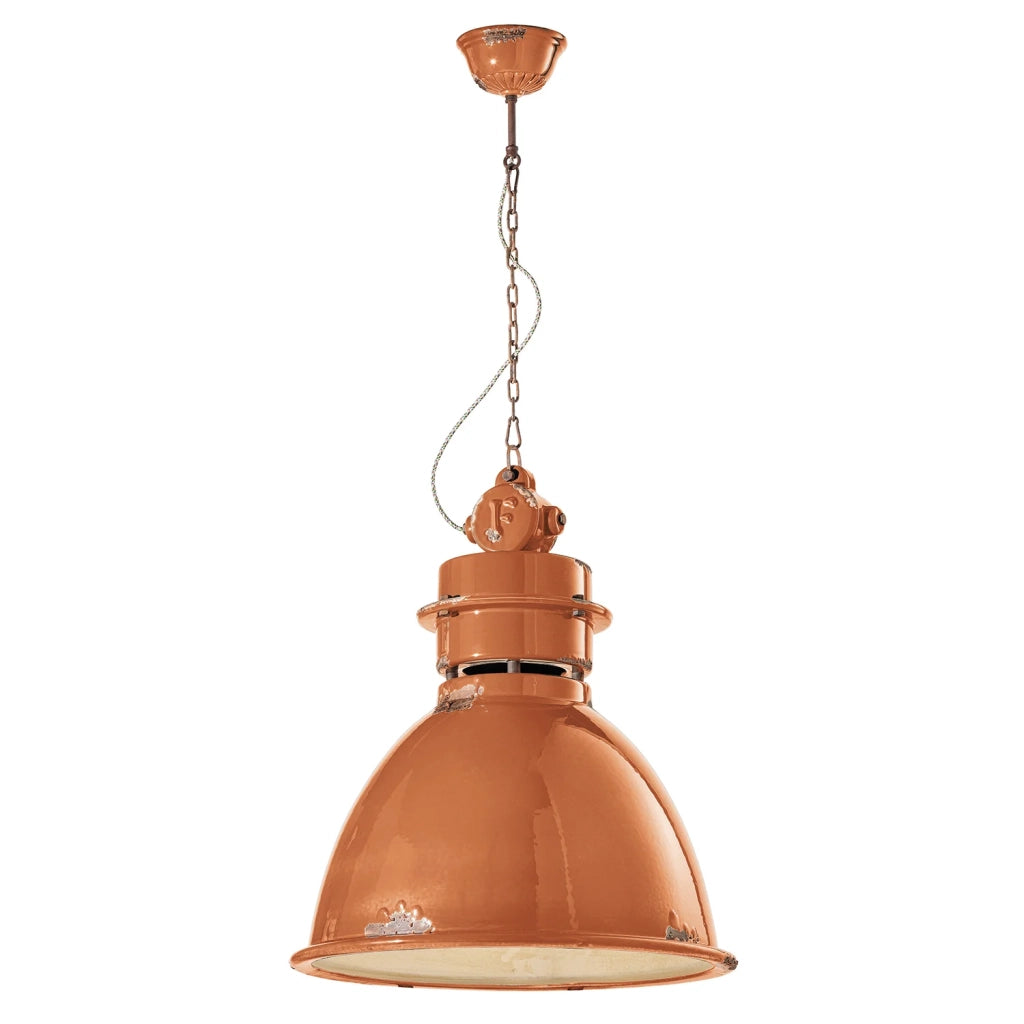 Lampadario Industrial Ferro E Ceramica Vintage Arancio 1 Luce E27 50Cm