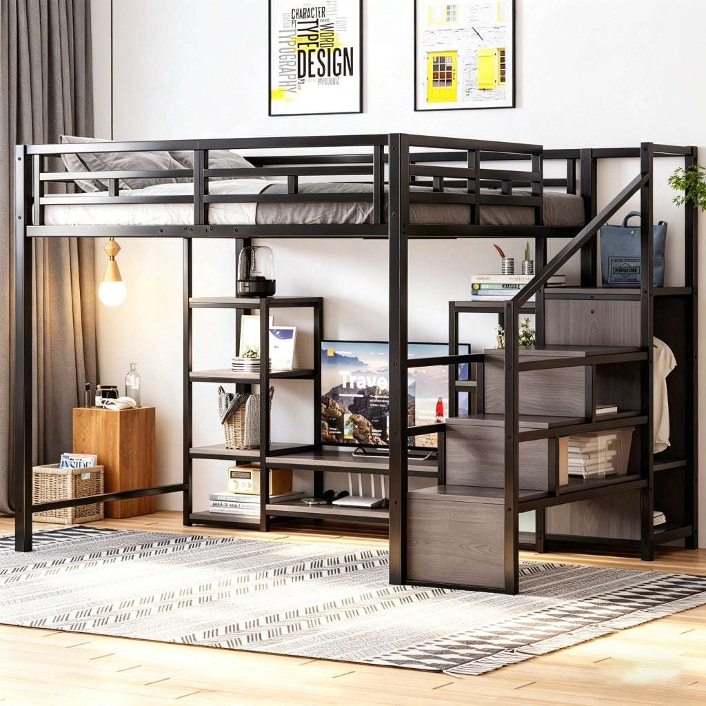 Letto mezzanino nero 140x200 mobile TV presa a presa scala sicura metallo + legno letto a castello con riporzione