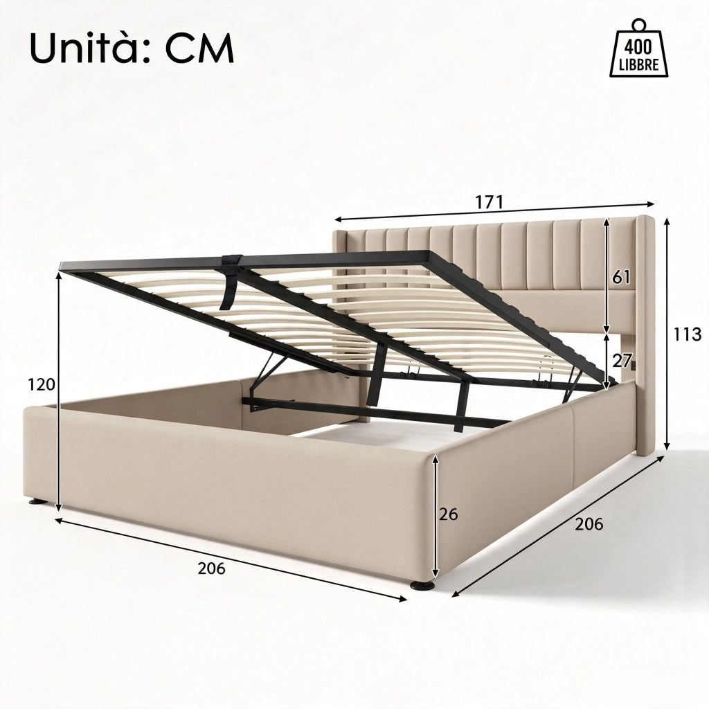 Letto matrimoniale contenitore 160x200 cm con testiera imbottita rete a doghe sollevabile e rivestimento a righe verticali in lino beige