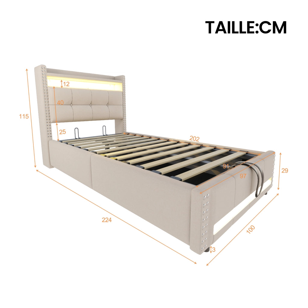 Letto singolo 90×200 cm con contenitore; LED; USB e ripiani; materasso senza; beige
