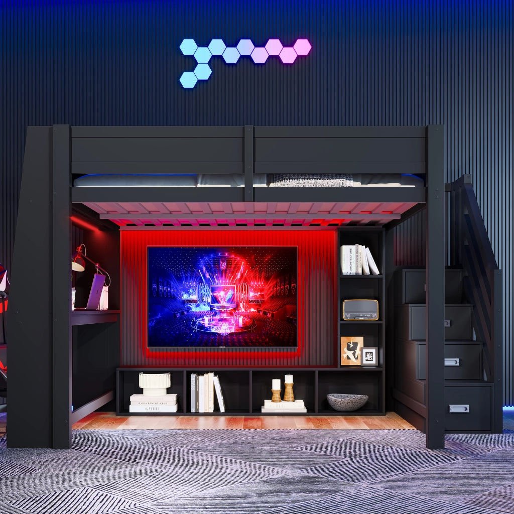 Letto a soppalco 140x200 in legno con scrivania e LED; nero